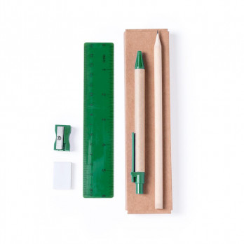 Набор GABON из 5 предметов в картонной коробке зеленый - ручка,карандаш,точилка,ластик, линейка